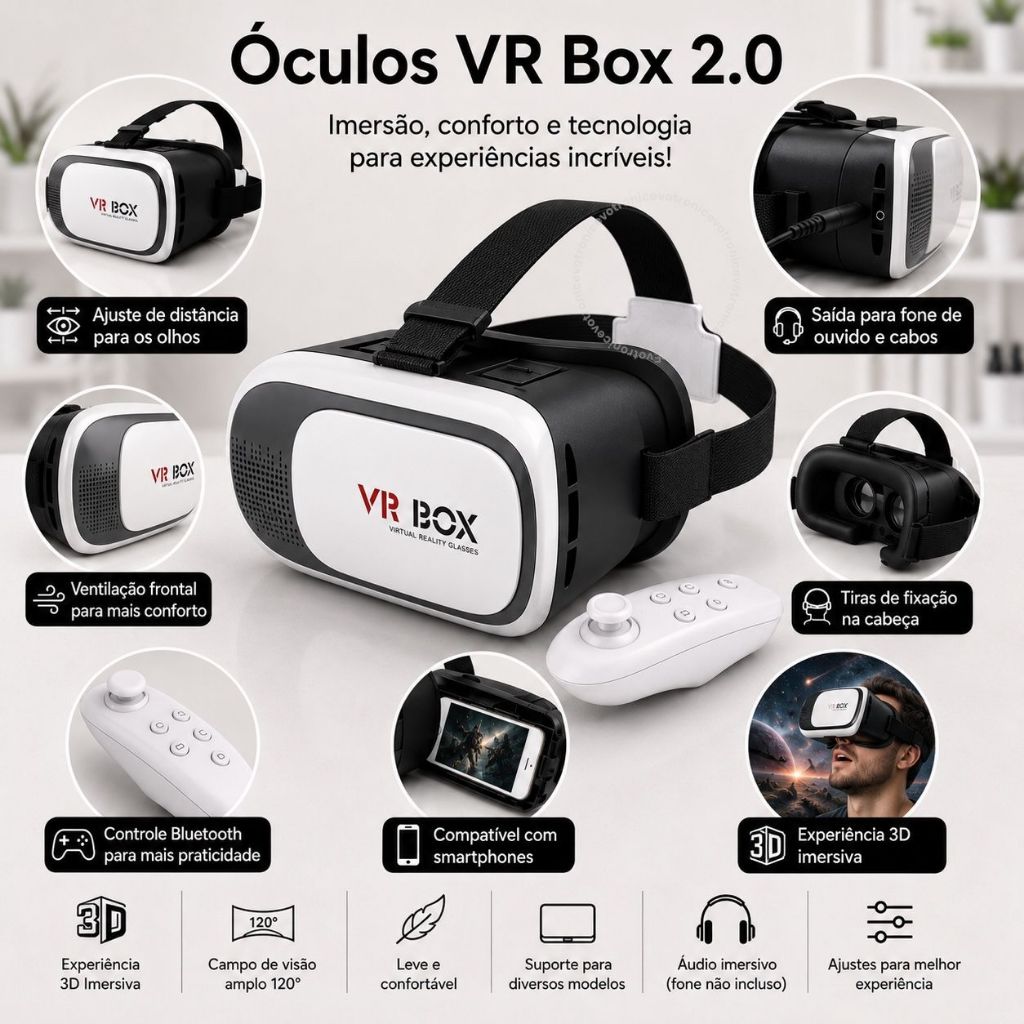Óculos VR Box 2.0 Realidade Virtual 3D c/Controle Bluetooth para todos os tipos de Celular Cardboard