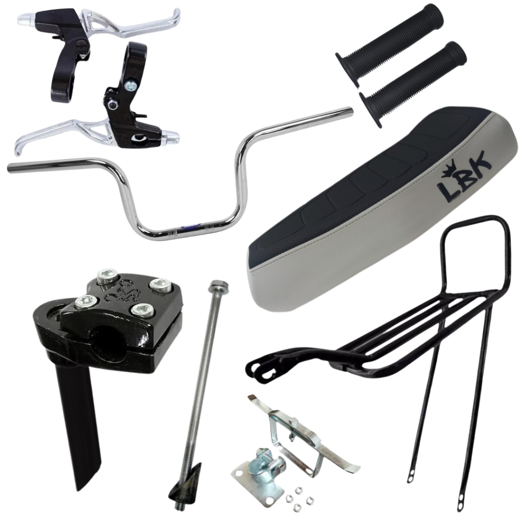 Kit Montadinha Lbk Completo Guidão 160 Mesa Suporte Manete Manopla Banco Branco Bagageiro Rabetão aro 20 aro 24 aro 26