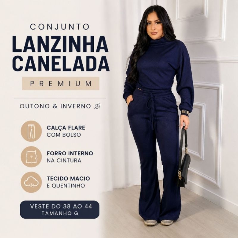 Conjunto Lanzinha Canelada Feminino Modelo Calça Flare Com Forro E Bolsos + Blusa Cropped Gola Alta Manga Longa Inverno