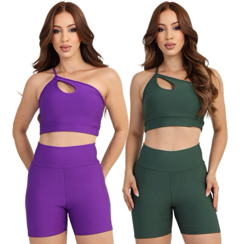 Kit 2 Conjuntos Fitness Feminino Suplex Top Gota 1 Alça Short Cintura Alta Levanta Bumbum Academia