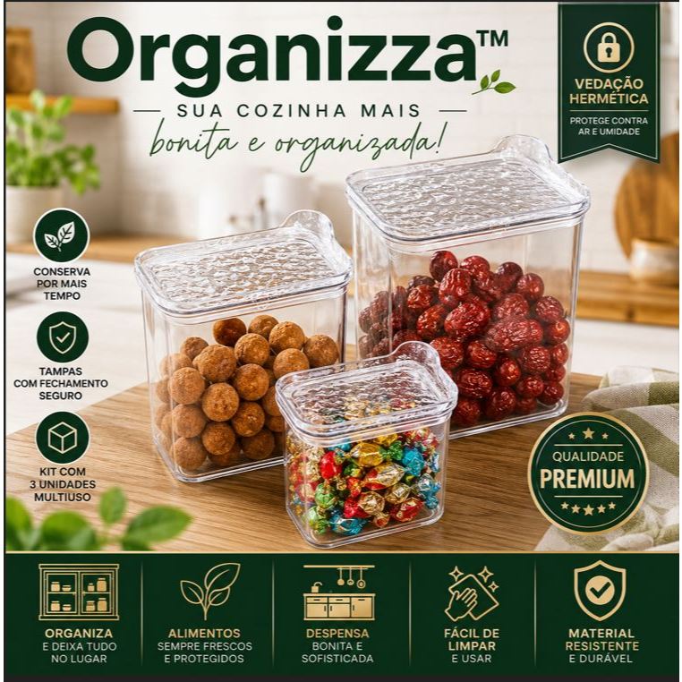 Kit 3 Potes Herméticos Multiuso Organizador Cozinha Mantimentos Cereais Grãos Transparente