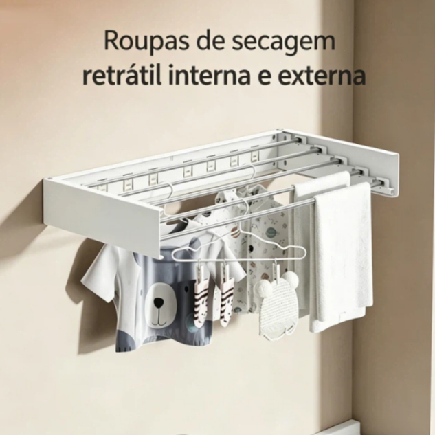 Varal Retrátil de Parede 100cm Alumínio Suporta Até 20kg com 5 Varetas Branco