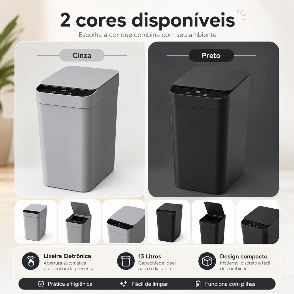Lixeira Inteligente 13L Sensor Automático Touch Sem Contato Banheiro Cozinha Escritório Preto Cinza