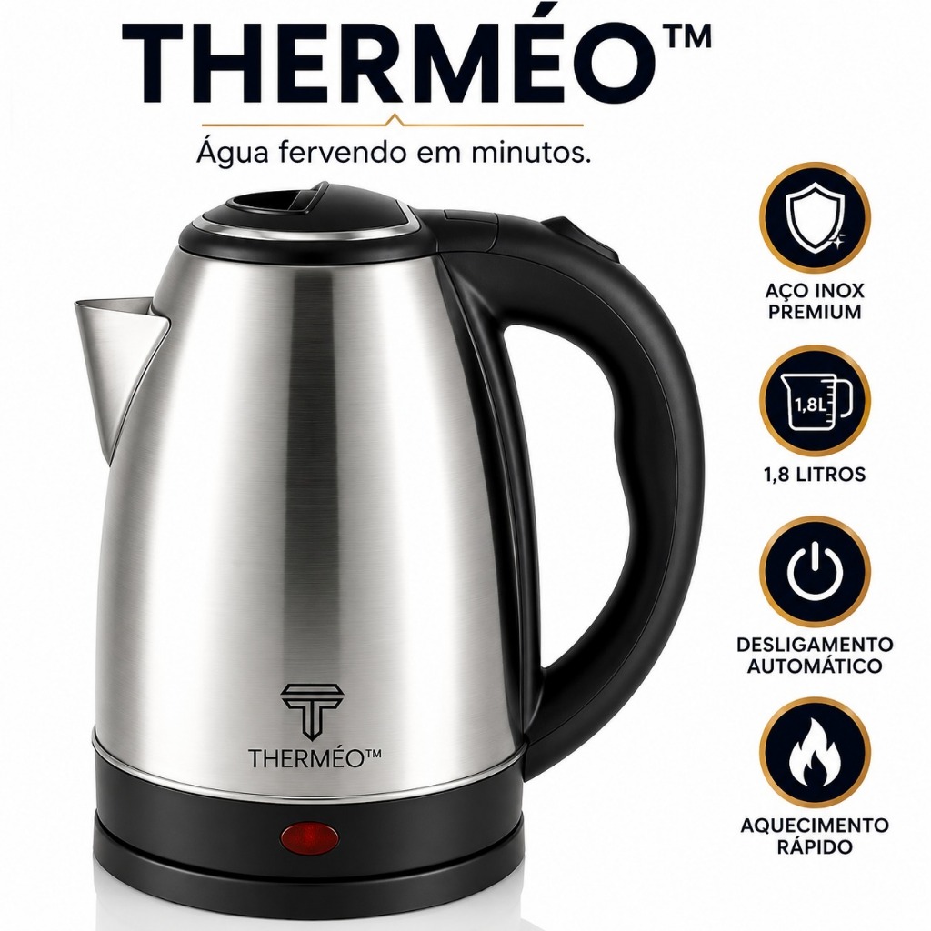 Chaleira Elétrica Inox 1,8L THERMÉO™ Aquecimento Rápido Desligamento Automático 220V Base Giratória 360°