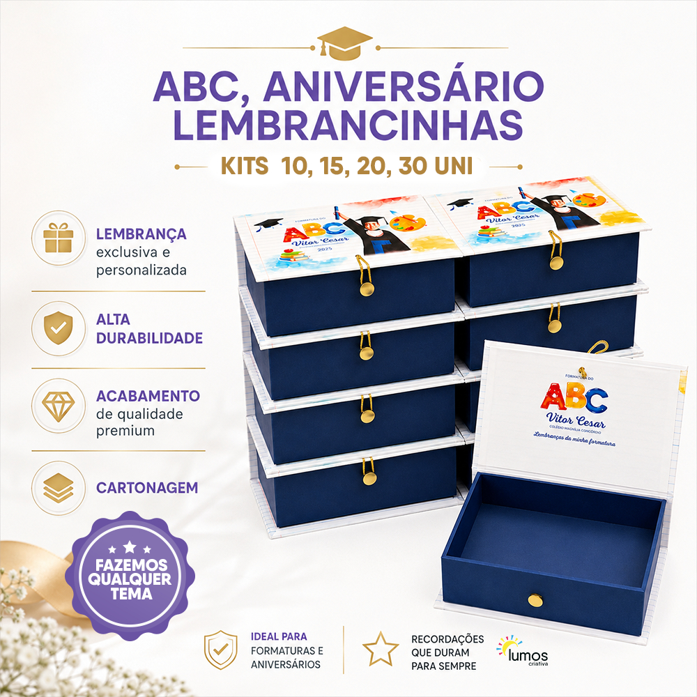 Kit Caixa Cartonada Personalizada Luxo Lembrancinha Aniversário Infantil Formatura ABC