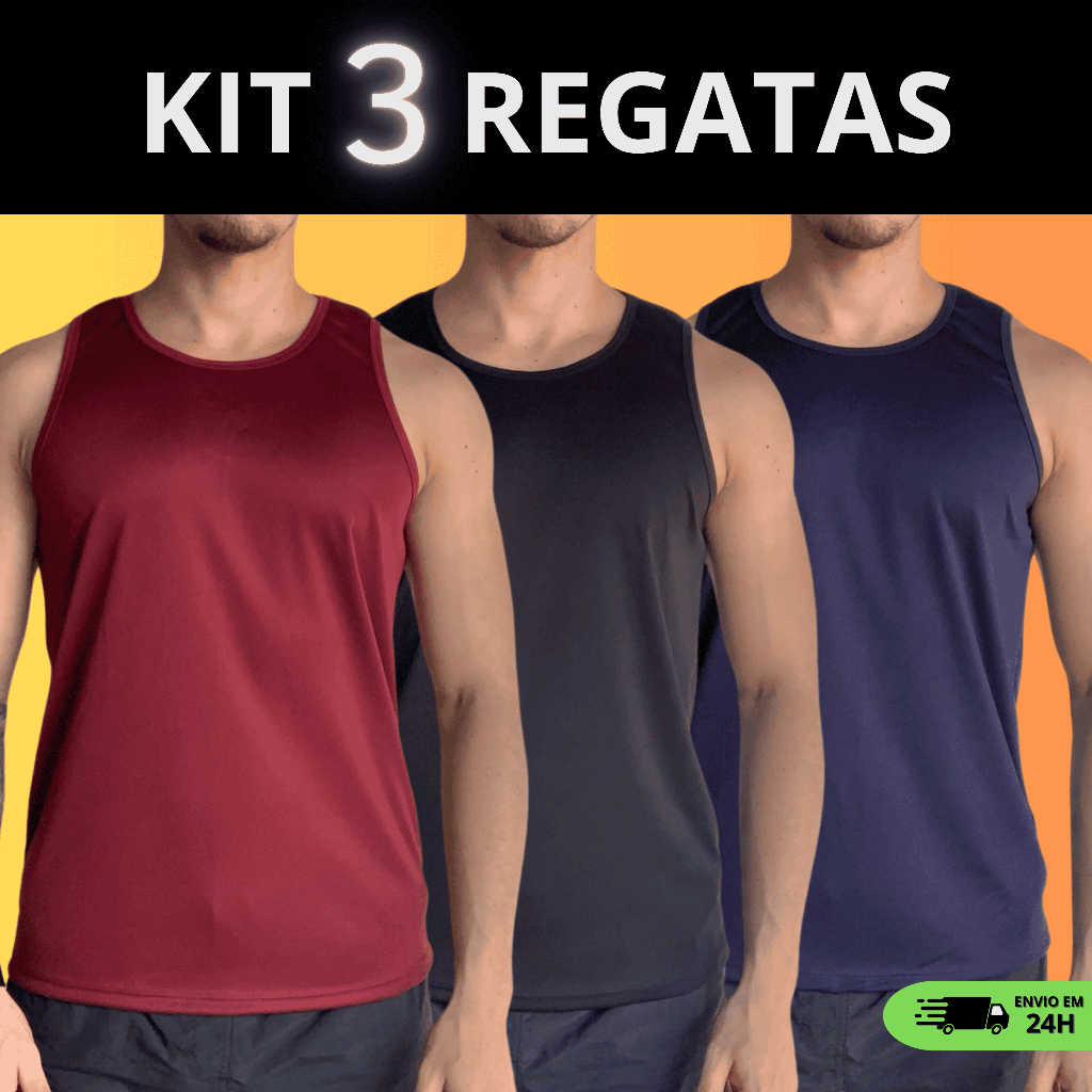 Kit 3 Regatas Masculina Dry Fit Camiseta Básica Treino Academia Anti Suor Anti Odor Proteção Solar