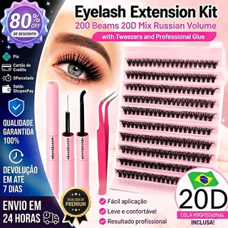 Kit Extensão de Cílios 200 Feixes30D Mix Volume Russo com Pinça e Cola Profissional
