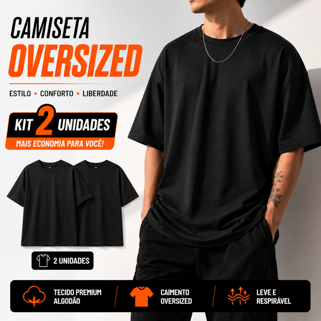 Kit 2x Camiseta Oversized Masculina Premium Streetwear Lisa Confortável Moda Urbana