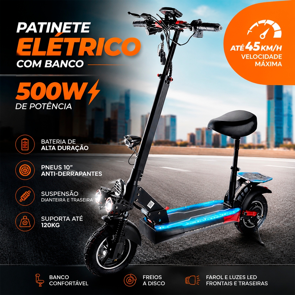 Patinete Elétrico com Banco Assento 500W Profissional