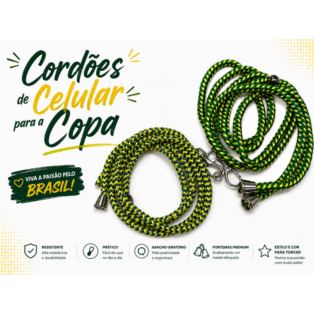 Kit 2 Cordões de pescoço Copa para celular universal ajustável segurança Salva Celular