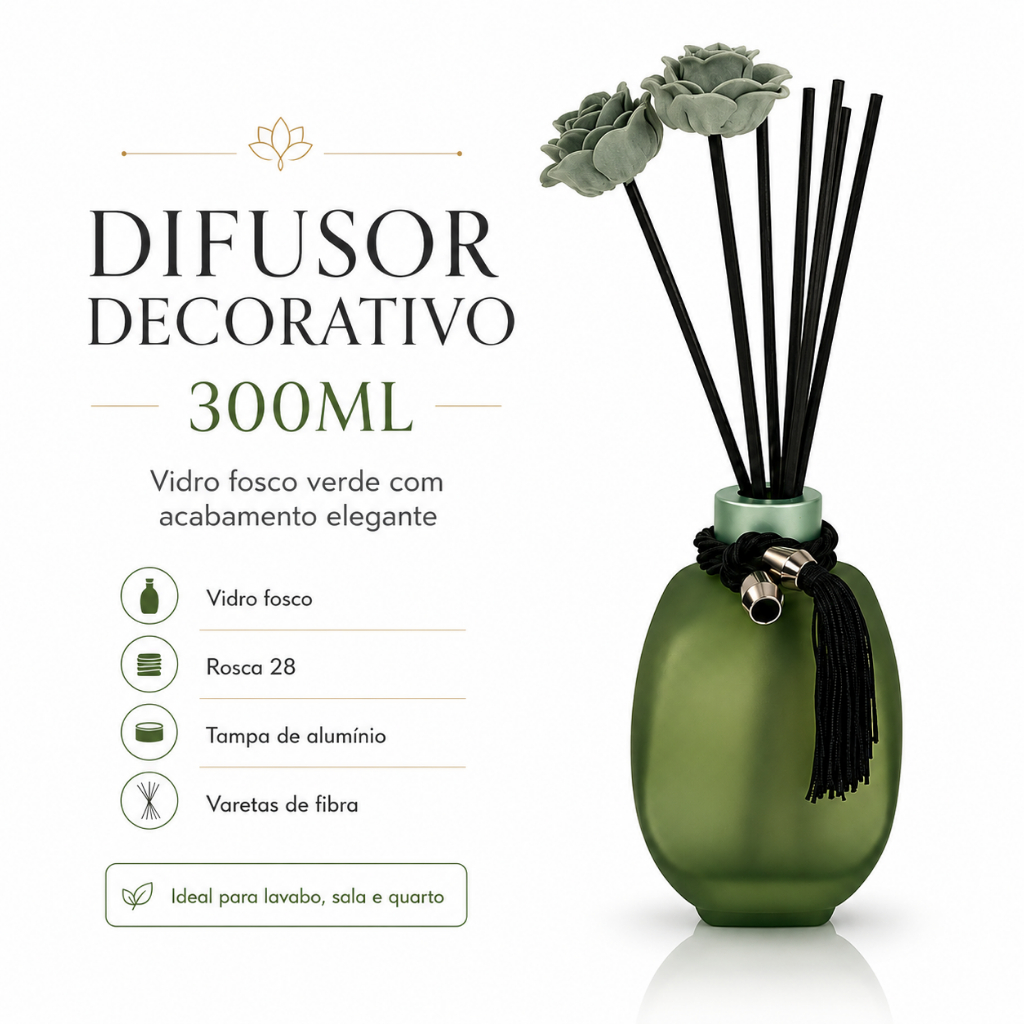 Vidro Difusor Aromatizador 300ml Verde Fosco com Varetas de Fibra e Flores Decorativas
