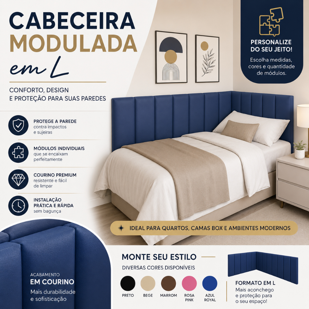 Kit de 15 a 20 Placas Estofadas 60x20cm de Courino para Cabeceira de Cama em L - Envio Imediato