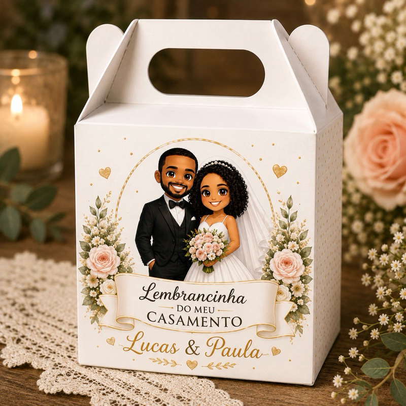 Kit 10/12 Lembrancinha Personalizada com Foto e Mascote Card para BIS Sacola Aniversário Noivado Caixa bem casado