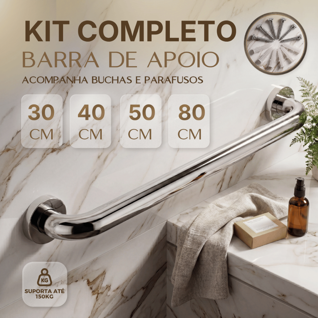 Barra Apoio 40 60 80cm Antiqueda Inox Banheiro Escada Corrimão Acessibilidade Suporte Idoso Alça PCD