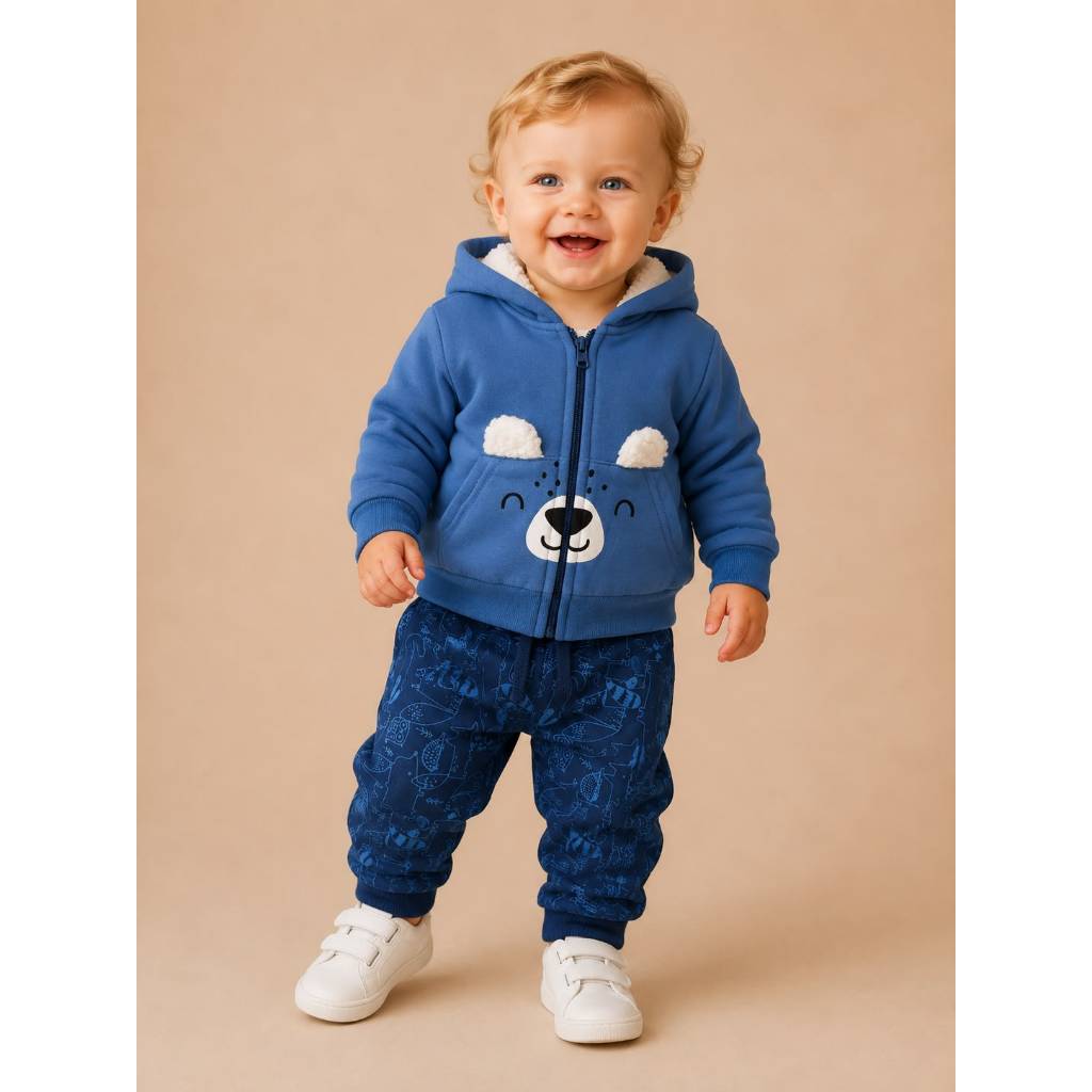 Conjunto Bebê Masculino Moletom Peluciado Inverno com Capuz Roupa Infantil Quentinha Menino Casual