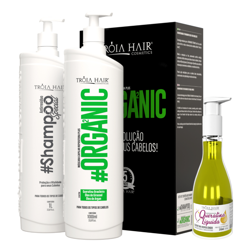 Kit Escova Progressiva Orgânica + Queratina Brasileira Líquida 210ml  Banho de Queratina Organic Troia Hair