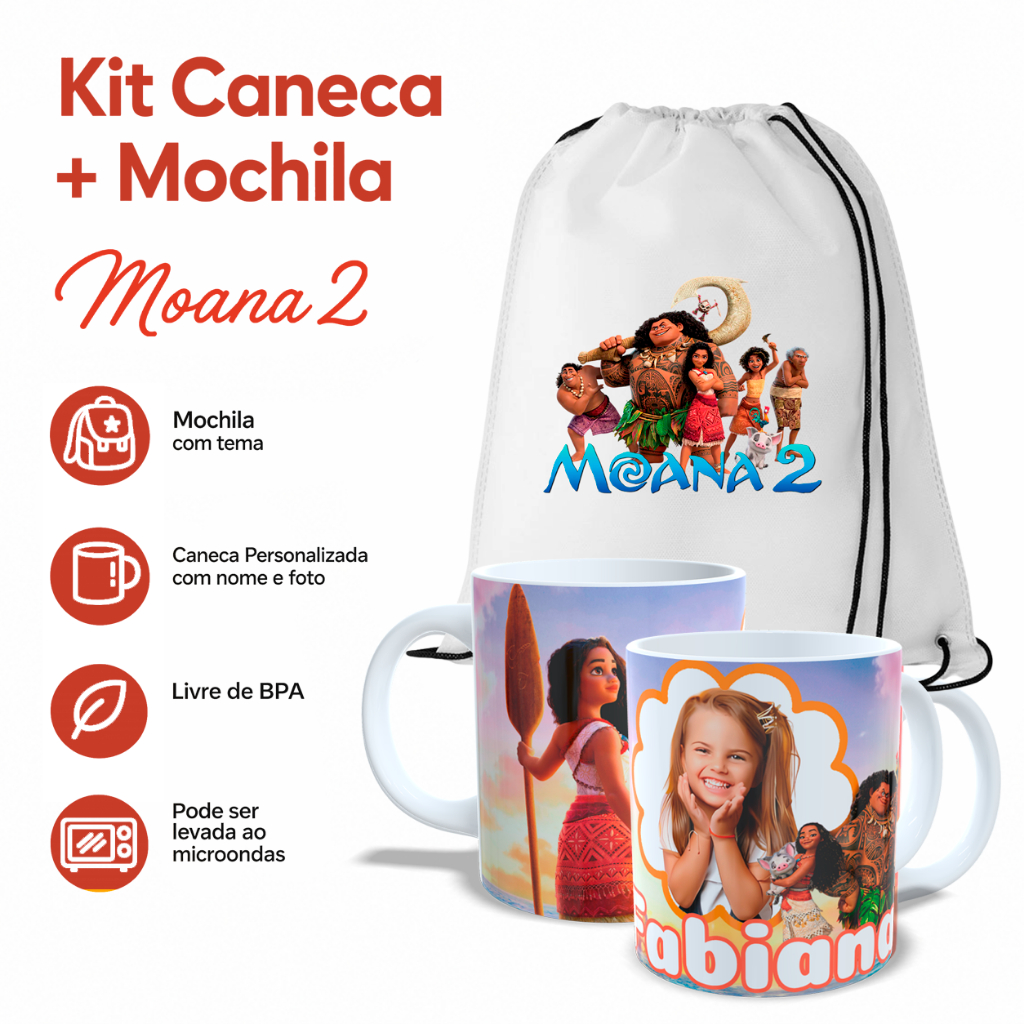 KKit Caneca Moana 2 Personalizada Nome Foto Mochila TNT Tema Presente Lembrancinha Festa Escola