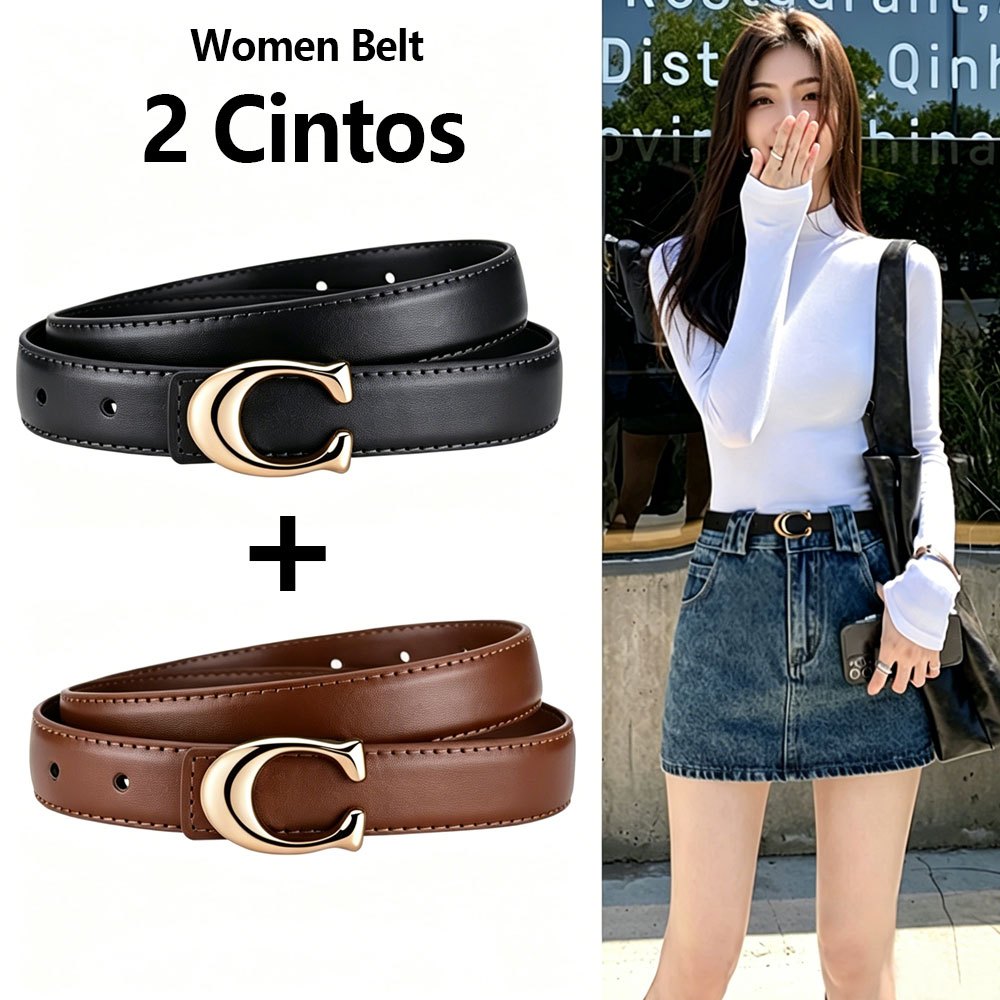 Kit 2 cintos de senhora (preto + marrom) — design simples. Ideais para usar com vestidos e calças.