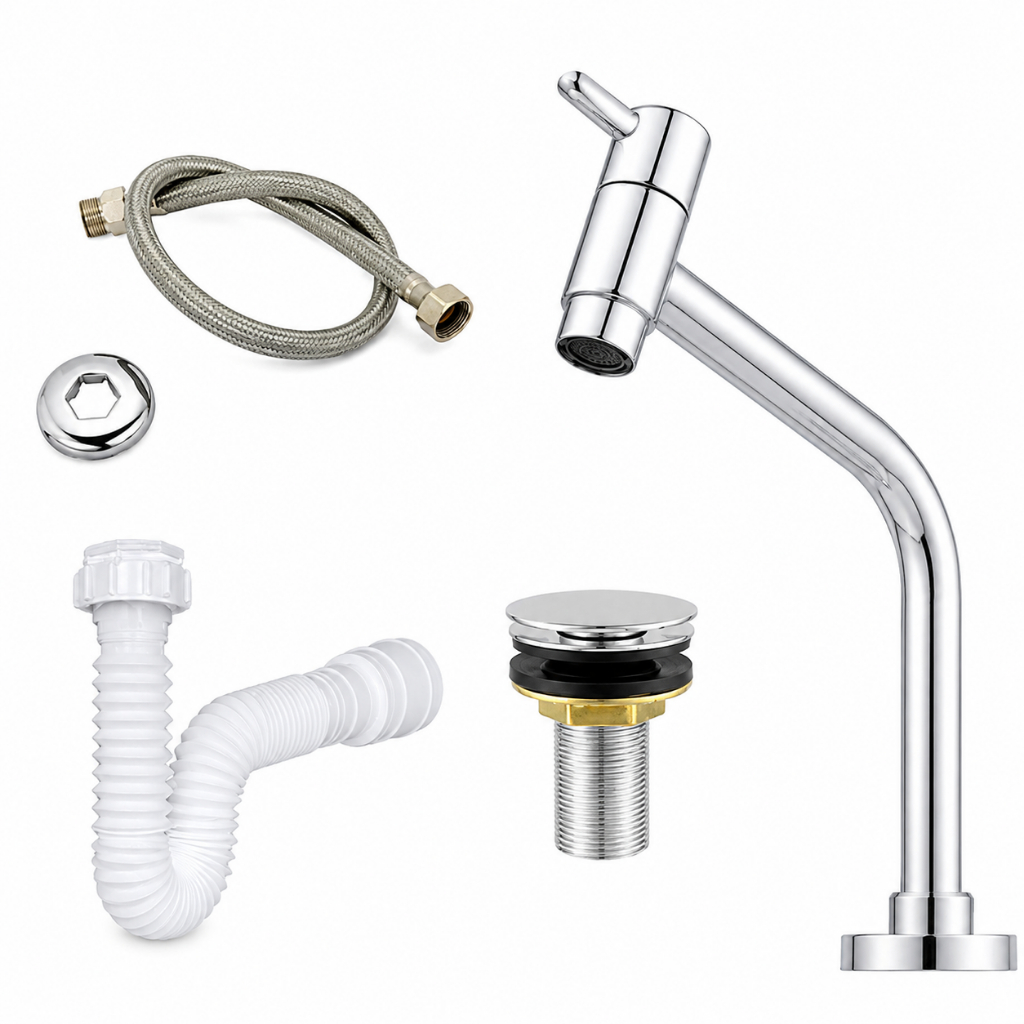 Kit Torneira Lavatório Baixa: Sifão branco +Flexível de 40cm + Válvula Click  + Torneira Lavatório