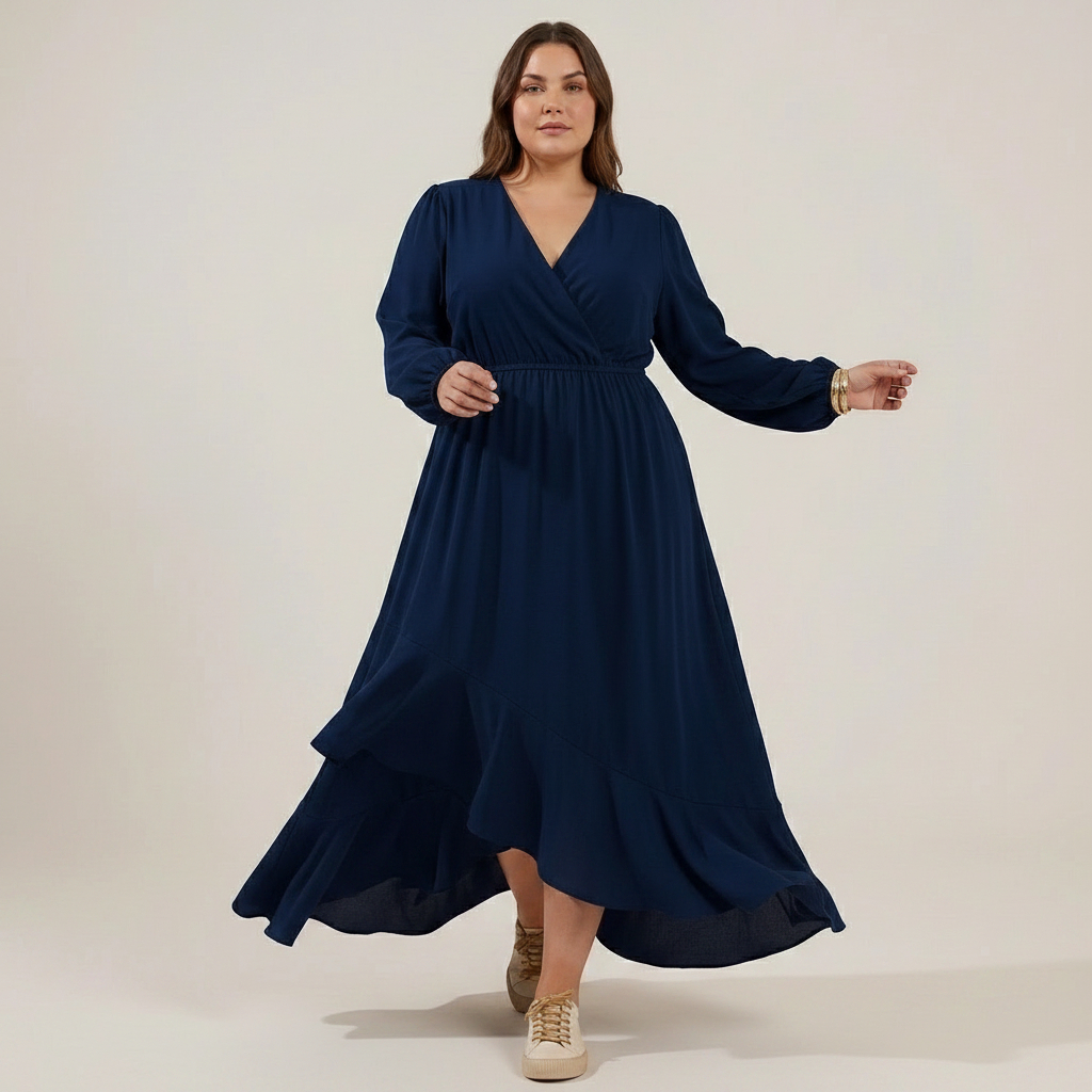 Vestido Feminino Longo Plus Size Elegante Decote V Amarração Cintura Sofisticado — imagem 2 de 2