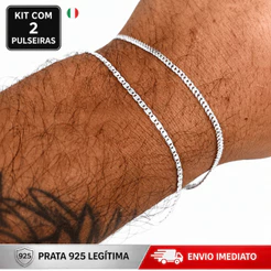 Pulseiras Prata 925 Legítima Kit Piastrine e Grumet Escama Italiana Maciça Masculina