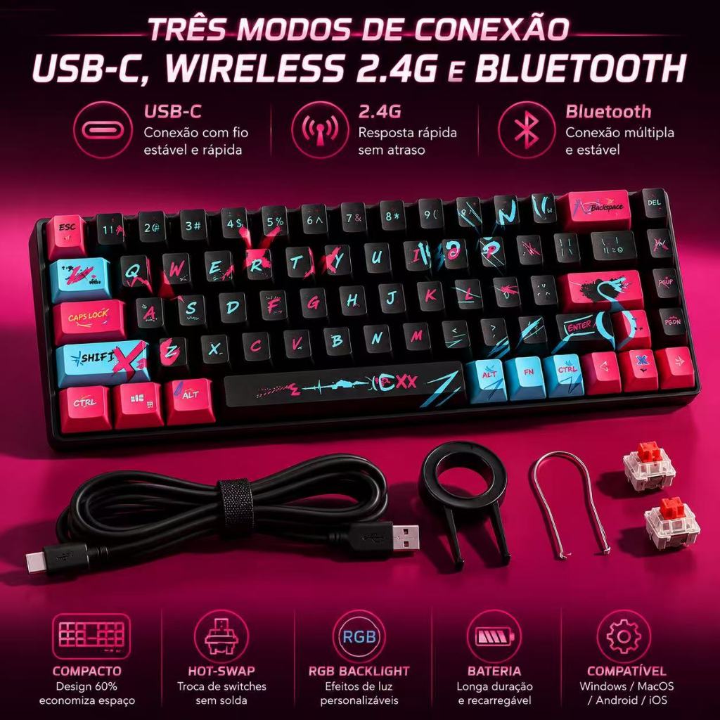 Teclado Mecânico Gamer 60% Sem Fio Rgb Switch Vermelho Abnt2 Bluetooth 2.4G USB-C  Jogos Português