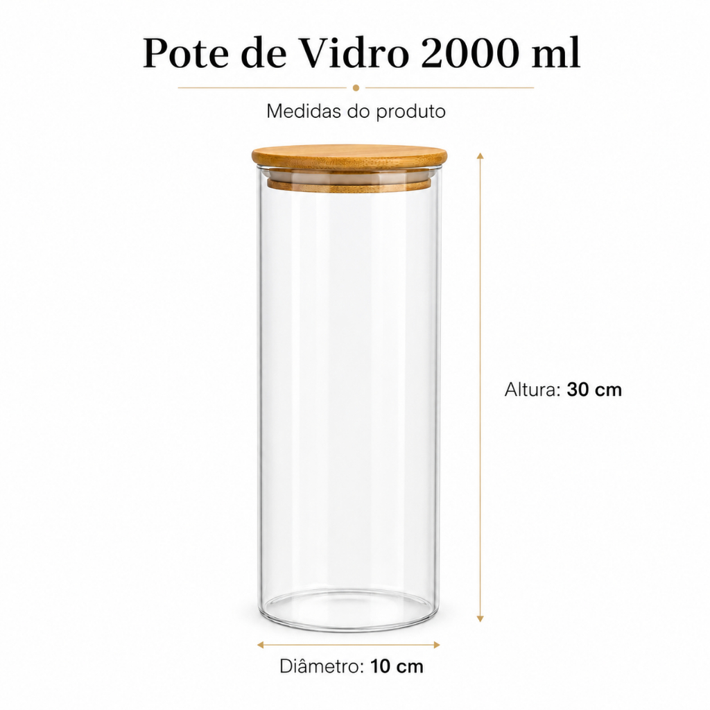 Pote Hermético de Vidro 2000ml Tampa Bambu Organizador Cozinha Mantimentos Temperos Grãos Cereais — imagem 2 de 2