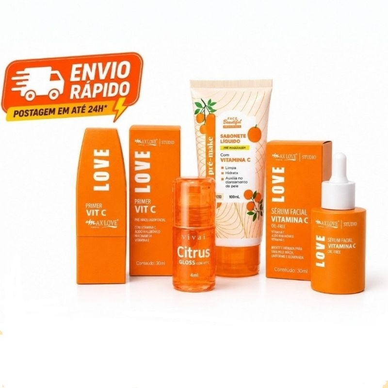 Kit Vitamina C Max Love Clareador Facial Sérum Sabonete Primer Skincare Completo