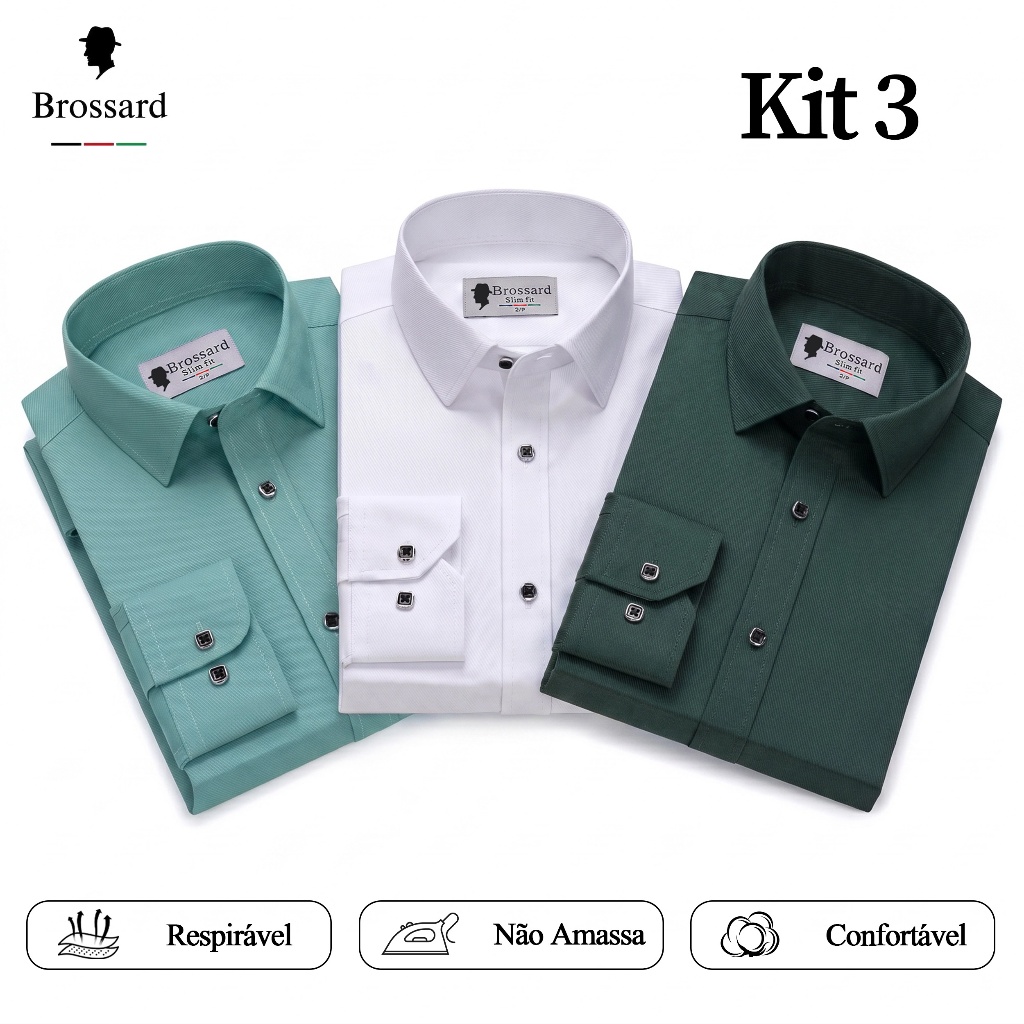 Kit 3 Camisa Social Masculina Manga Longa Algodão Slim Premium Blusa Não Amassa Elegante Diário