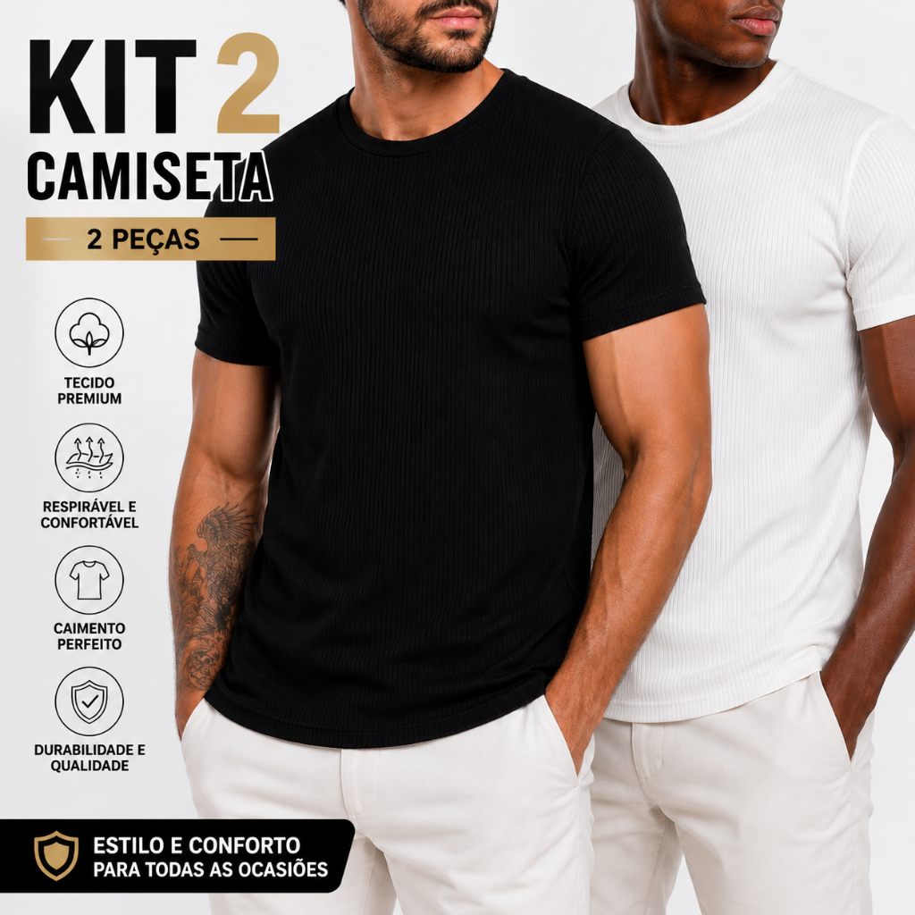 Kit 2 Camiseta Masculina Modelo Gola Média Americano Canelada Básica Luxo
