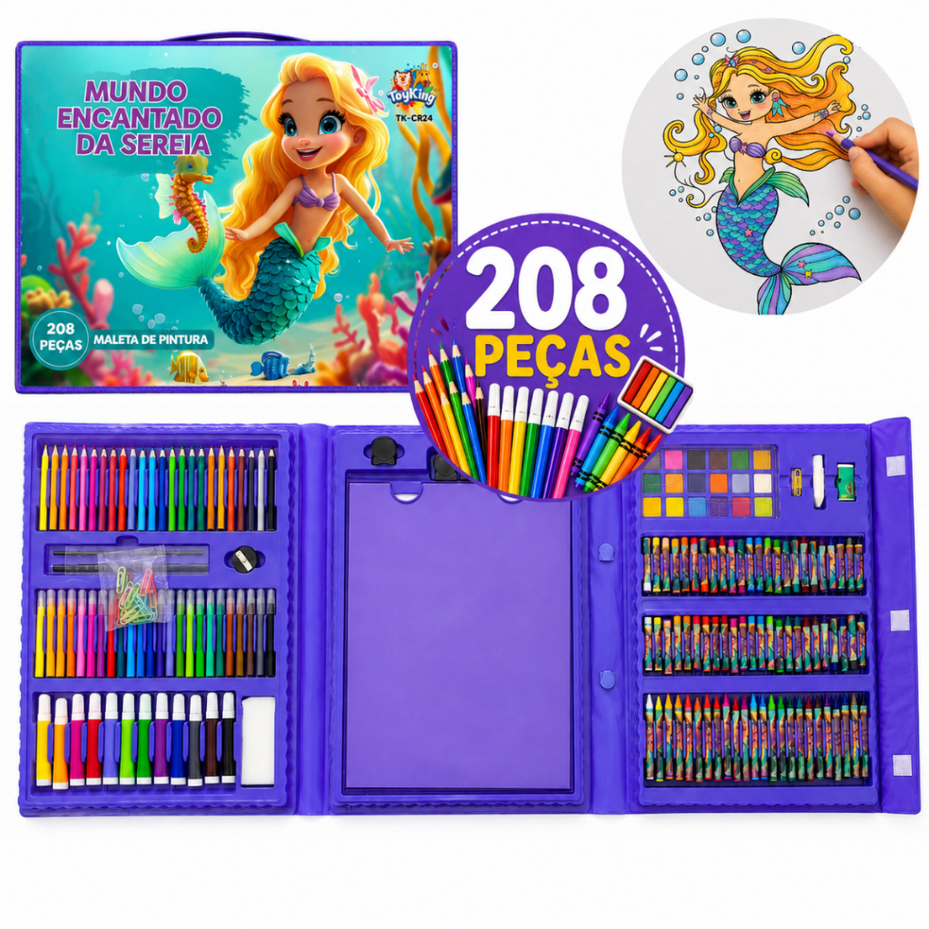Maleta Estojo De Pintura Infantil Escolar Menina/Menino - Sereia/Dinossauro Kit Completo 208 Peças