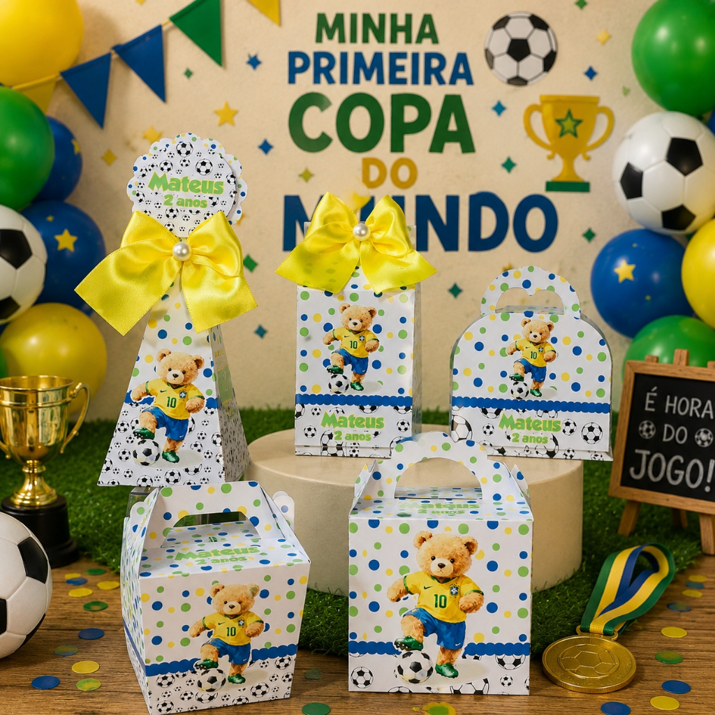 Kit Caixinhas Personalizadas | Brasil Futebol 1ª Copa | Festa Infantil | Lembrancinha com nome e idade | PEGUE E MONTE