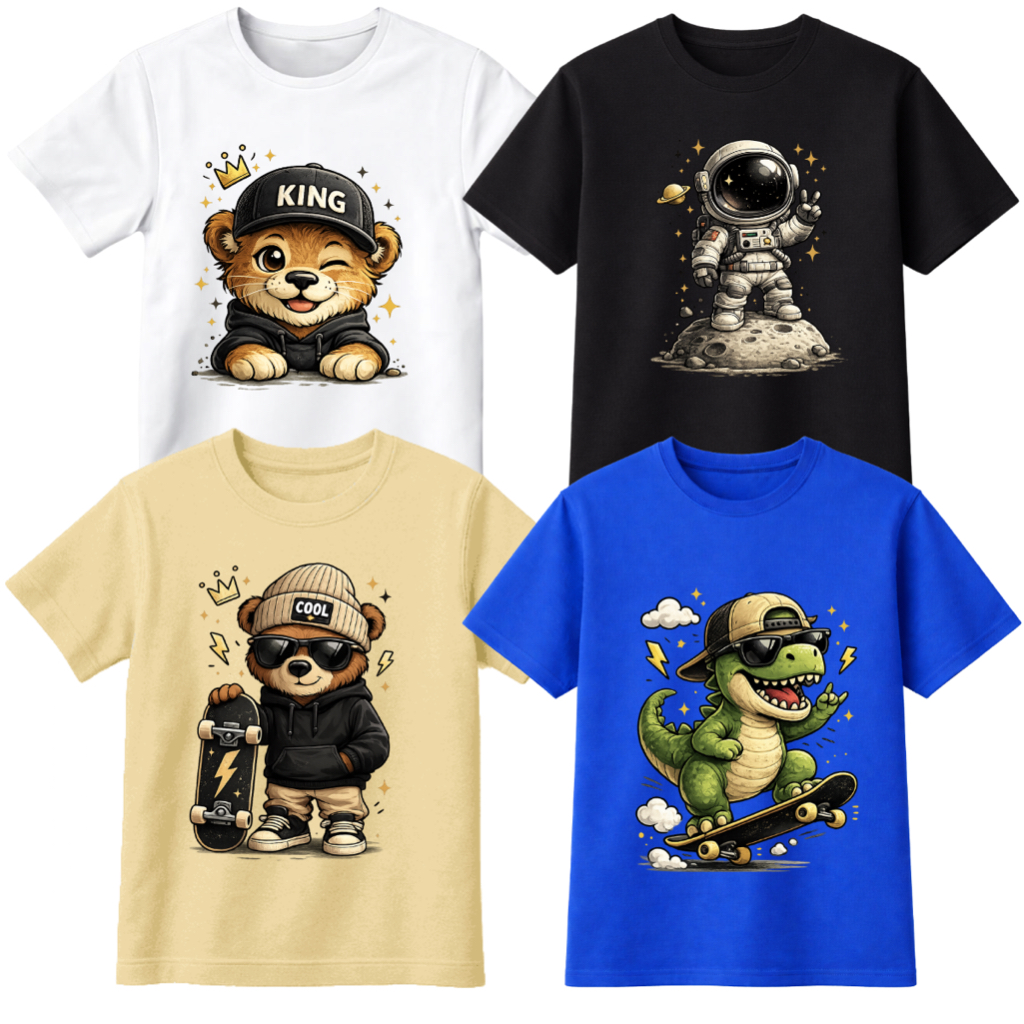 Kit 4 Camisetas Infantil Masculina Estampadas Menino Ursinho Astronauta Dinossauro