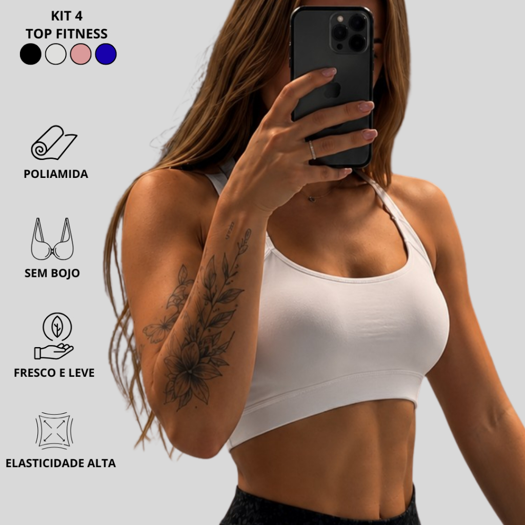 Kit 4 Top Feminino Sem Bojo POLIAMIDA Esportivo Fitness Zero Transparência Confortável Academia