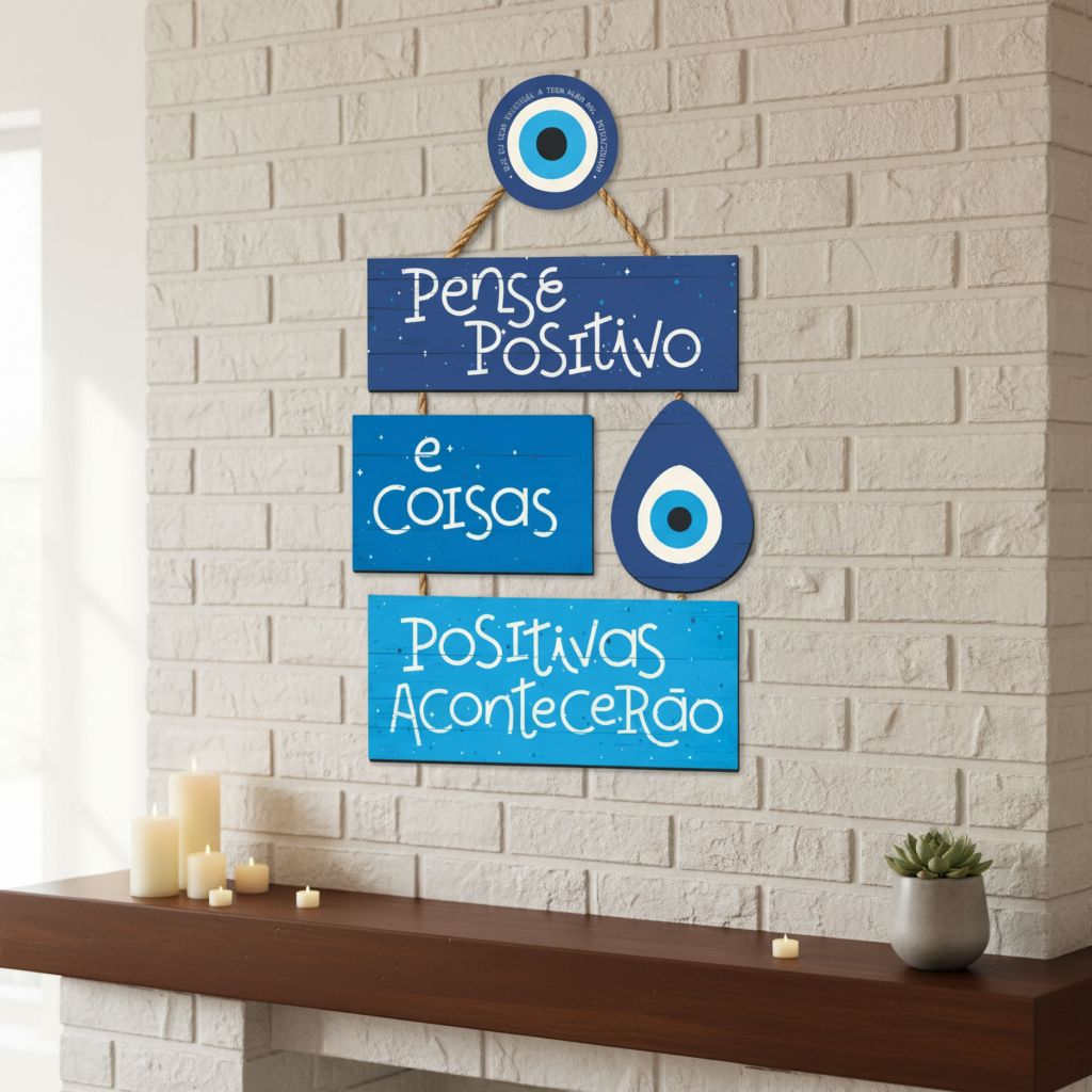 Pense Positivo Olho Grego Otimismo - Placa Decorativa Em Mdf - PORTA OU PAREDE