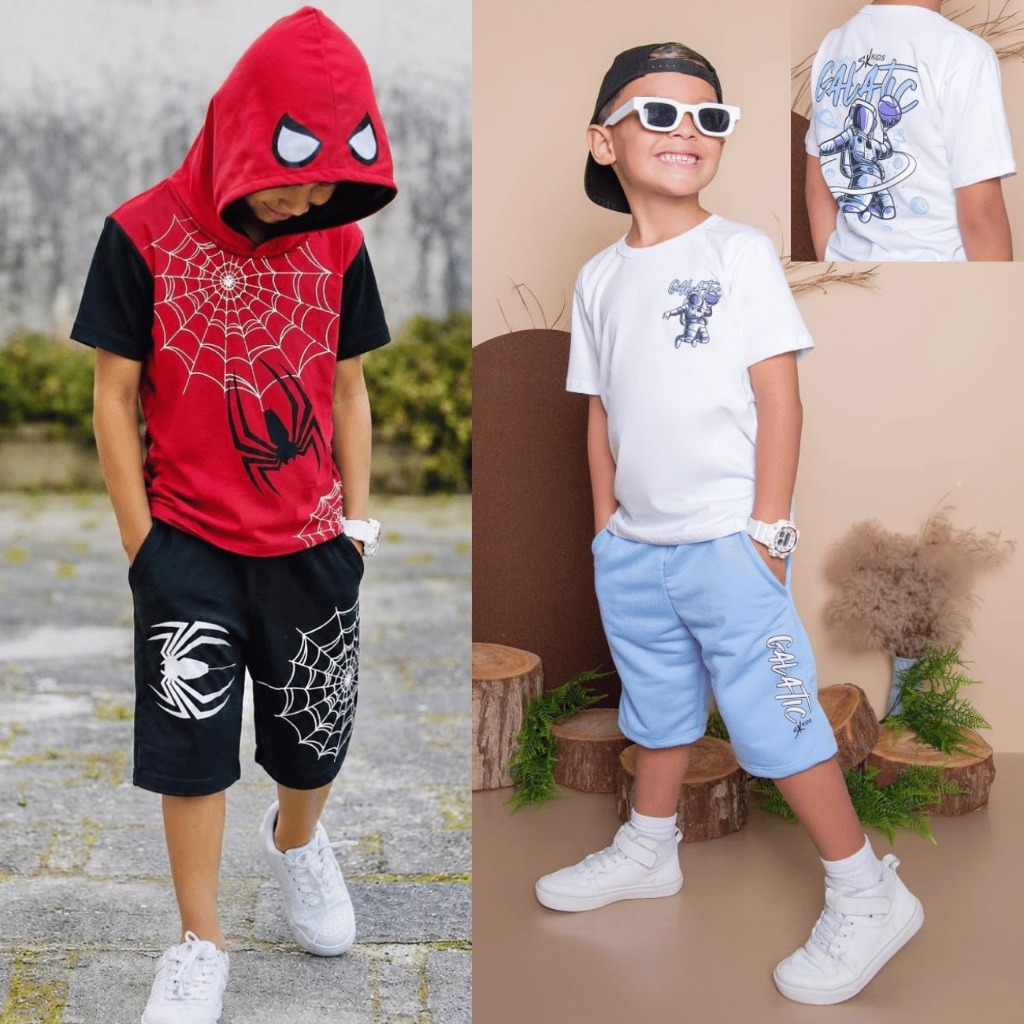 Kit 2 Conjuntos Menino Infantil Juvenil Verão Lançamento Top Camisa Bermuda Roupa Menino 2 ao 14 anos