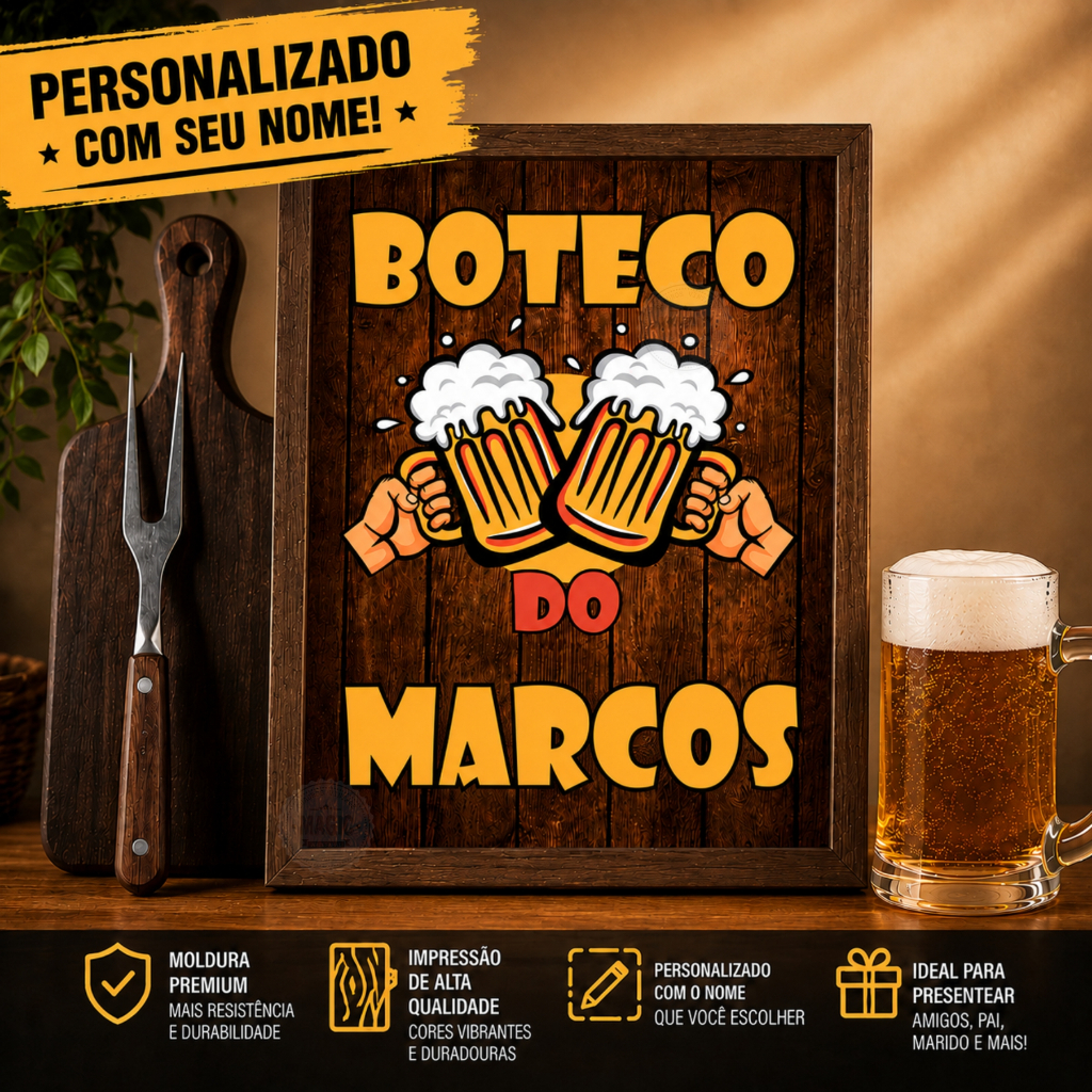 Quadro Boteco com Nome Personalizado Presente Ideal para Área Gourmet Churrasco Bar Moldura Madeira