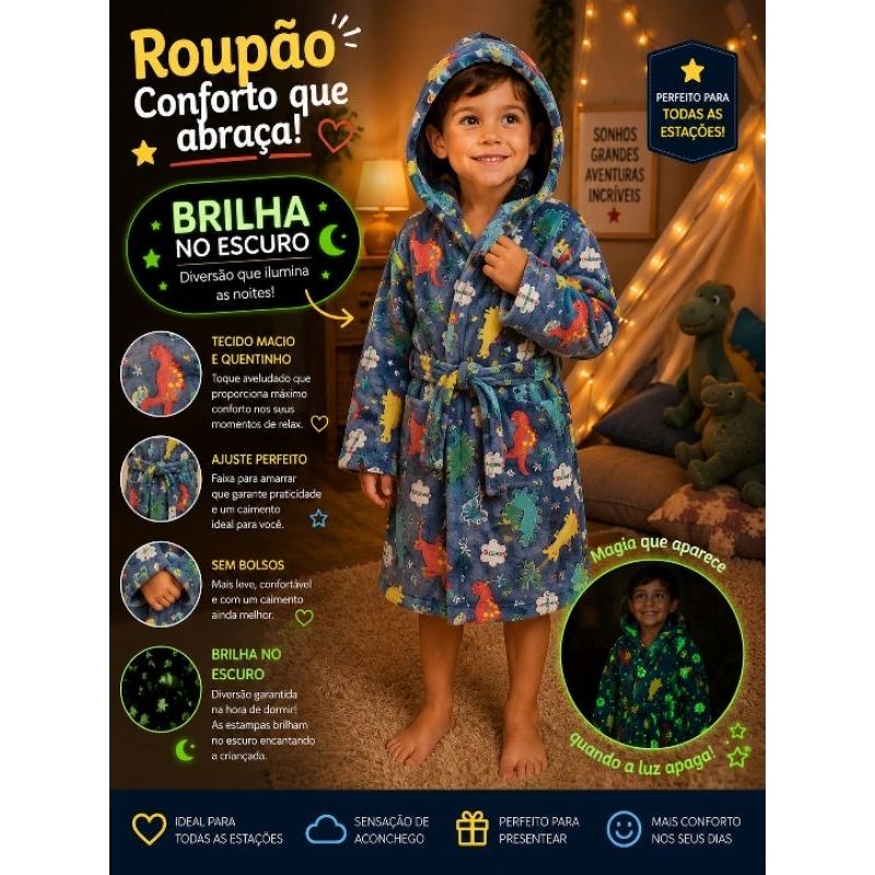 Roupão Infantil Microfibra com estampas que brilha no escuro menino menina