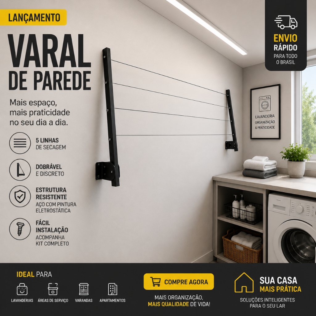 Varal Retrátil Dobrável Em Aço Para Área De Serviço