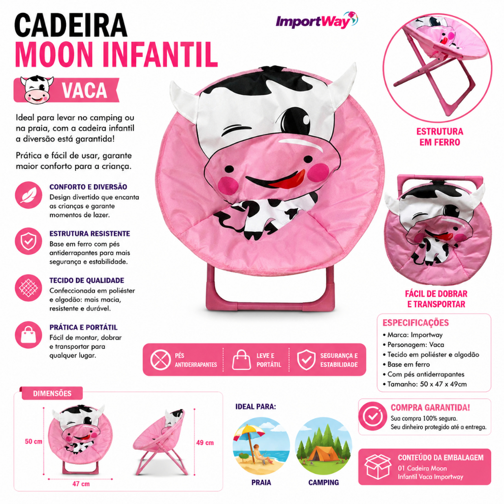 Cadeira Moon Infántil Camping Dobrável Bichinhos Vaquinha Importway Cor Rosa