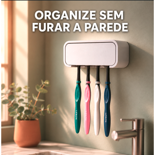 Porta Escovas de Dente Parede – Fixação Sem Furo – Suporte Para 4 Escovas + Fita Dupla Face Forte