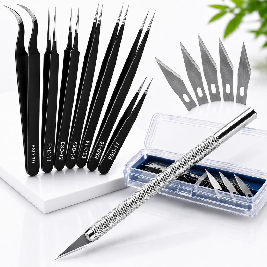 Kit Estilete de Precisão + 6 Pinças ESD Profissional 5 Lâminas Artesanato Eletrônica Reparo