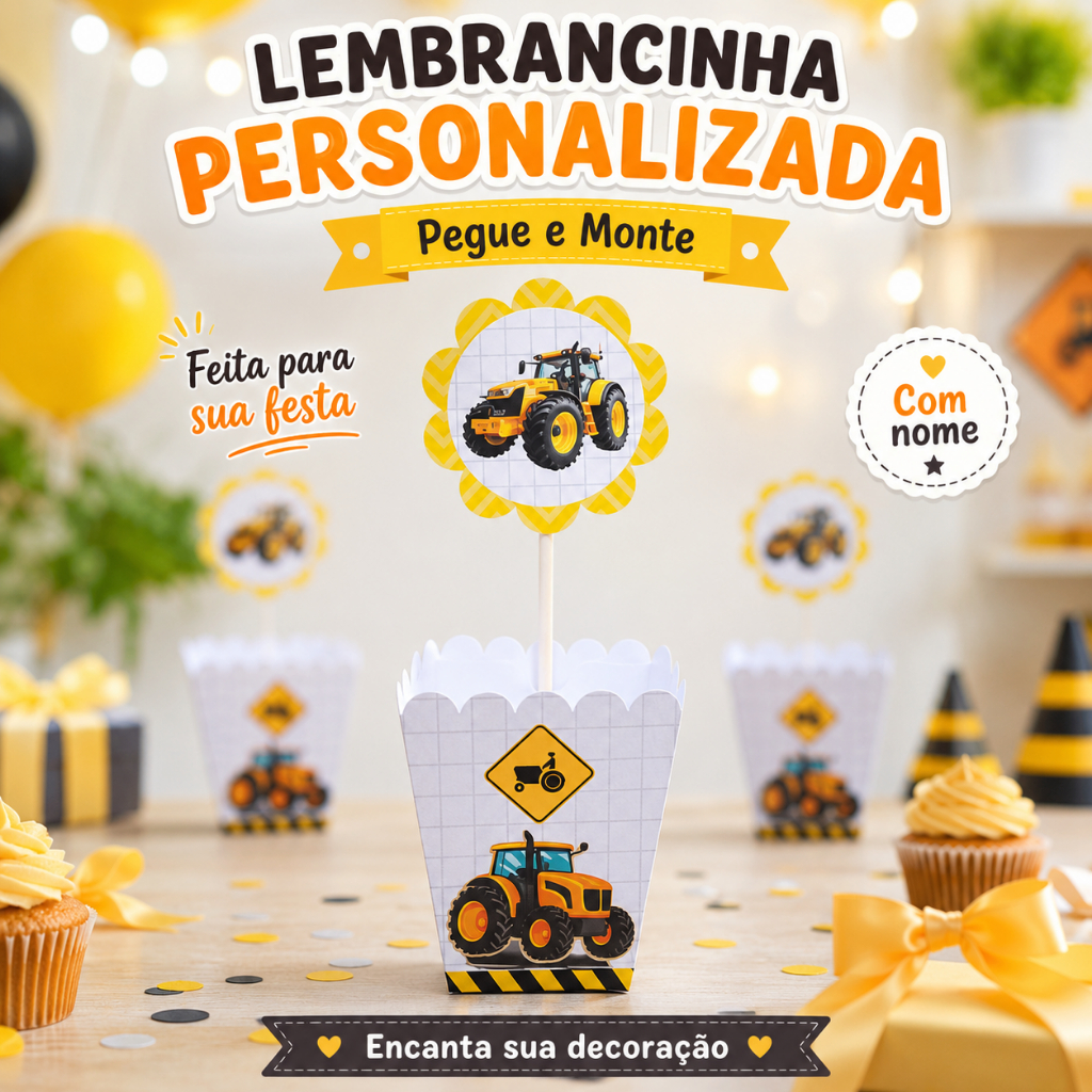 Centro de Mesa Cachepô Personalizado Trator Festa Infantil, Lembrancinha Criativa, PEGUE E MONTE