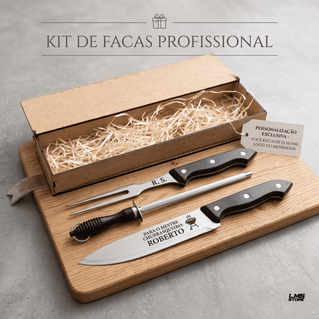 Kit Churrasco Faca Garfo Chaira e Estojo MDF Personalizado Seu Nome, kit churrasco para presente personalizado