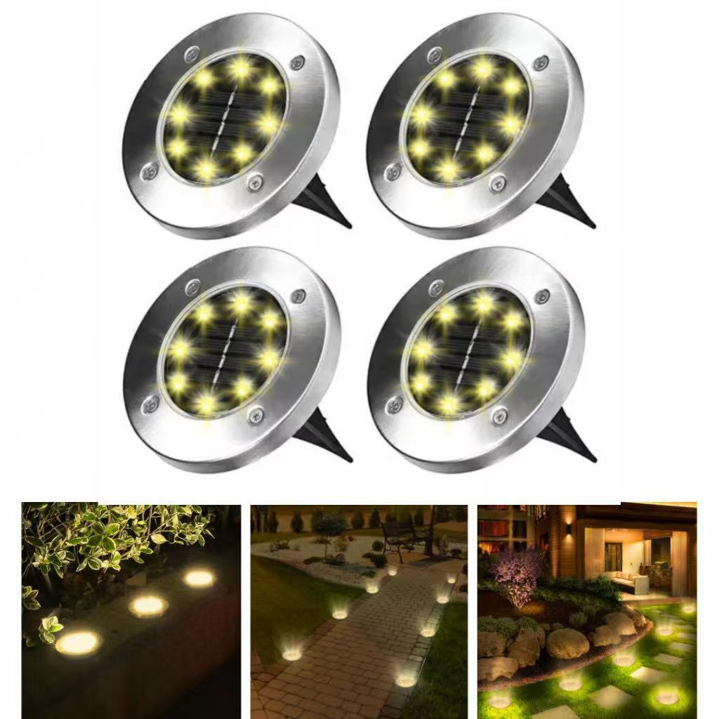 Luz de solo solar LED 8 lâmpadas, aço inoxidável impermeável, espeto para jardim gramado, iluminação externa sem fio