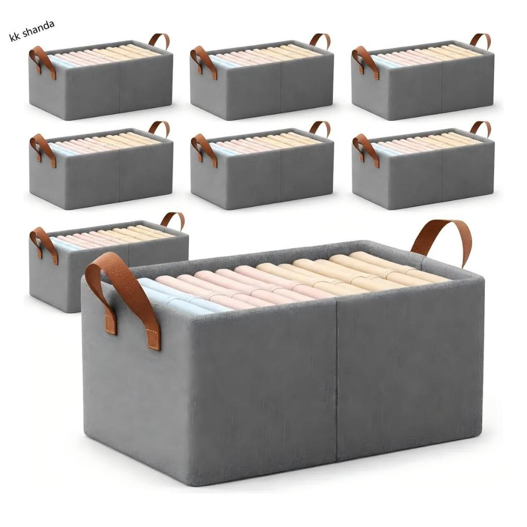 Kit 8Caixas Organizadoras Dobráveis Roupa Cesto Gaveta Dobrável camisas Cinza-escuro Tecido 47x28x20cm