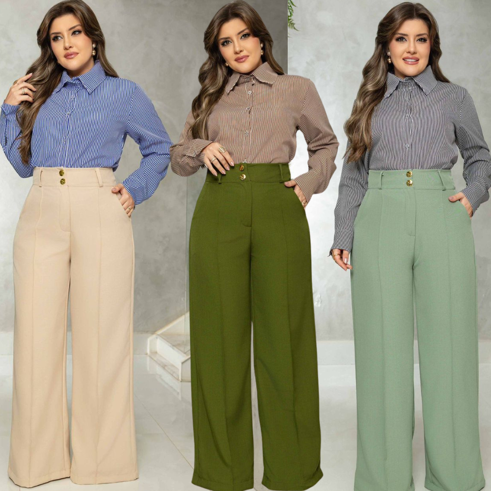 Calça Pantalona Plus Size Alfaiataria Premium Wide Leg Cintura Alta PROMOÇÃO Tendência  2026 Tamanos M G GG