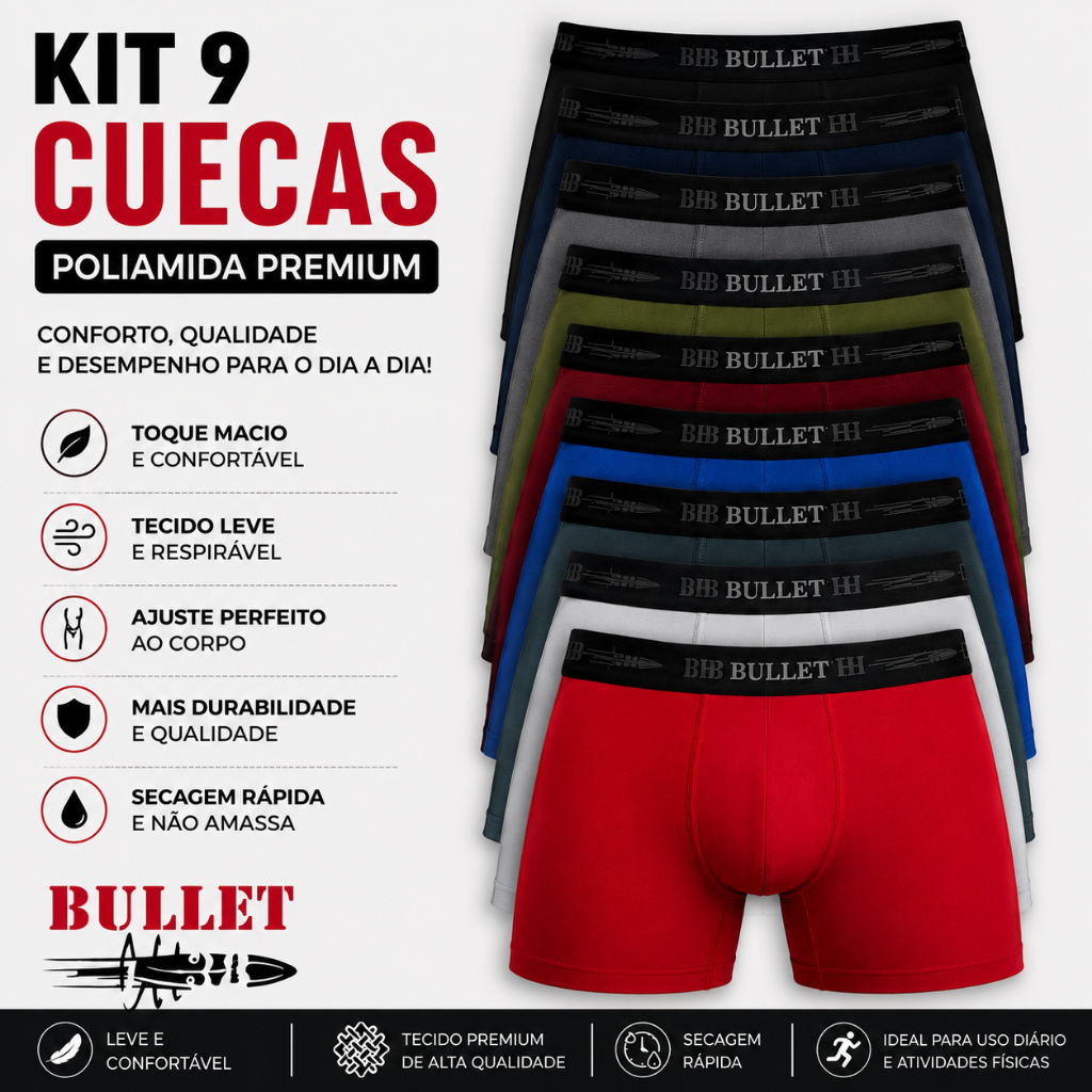 Kit 9 Cuecas Boxer Poliamida Premium – Mais conforto, qualidade e economia para o seu dia a dia.