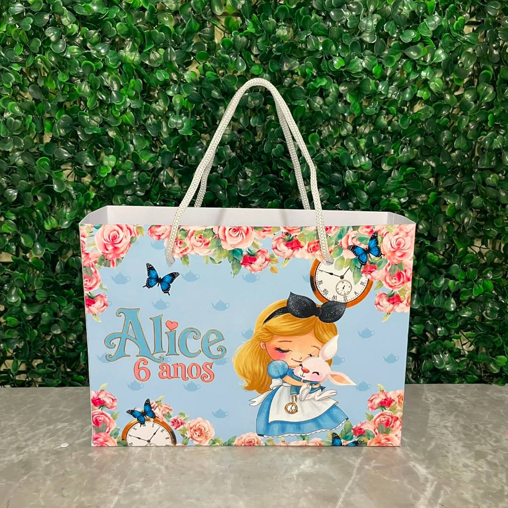 PEGUE E MONTE Sacolinha Personalizada Alice no pais das Maravilhas Nome e Idade Lembrancinha Festa Infantil