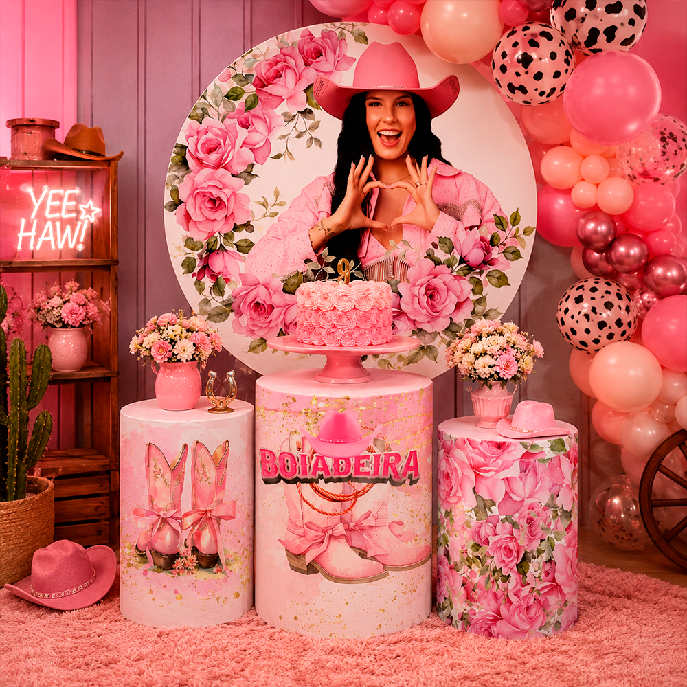 Kit Painel sublimado +Trio Capas Cilindros Tema Ana Castela Veste Fácil rosa flores
